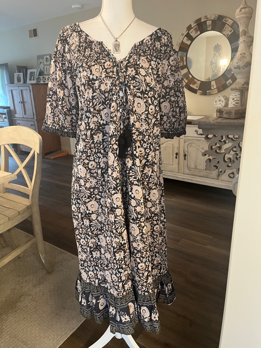 Cleobella Black & Cream Floral Boho Midi Dress